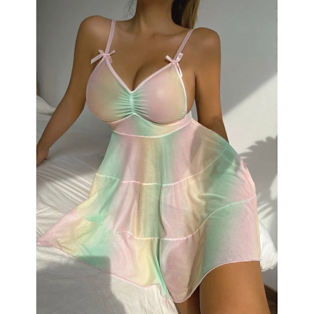 Ombre Sheer Mesh Bow Ruched Cut Out Slips & Thong